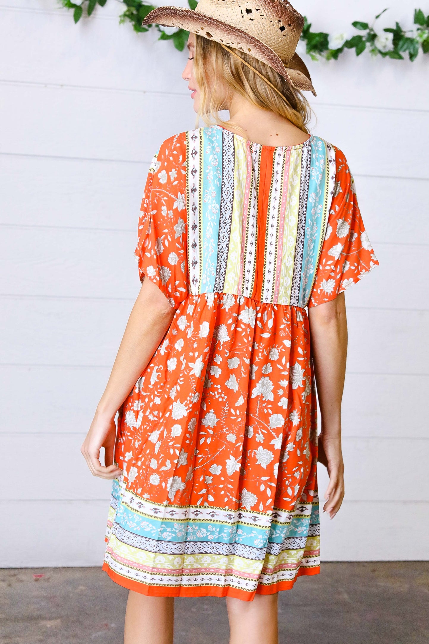 Persimmon & Blue Paisley Dolman V Neck Border Dress