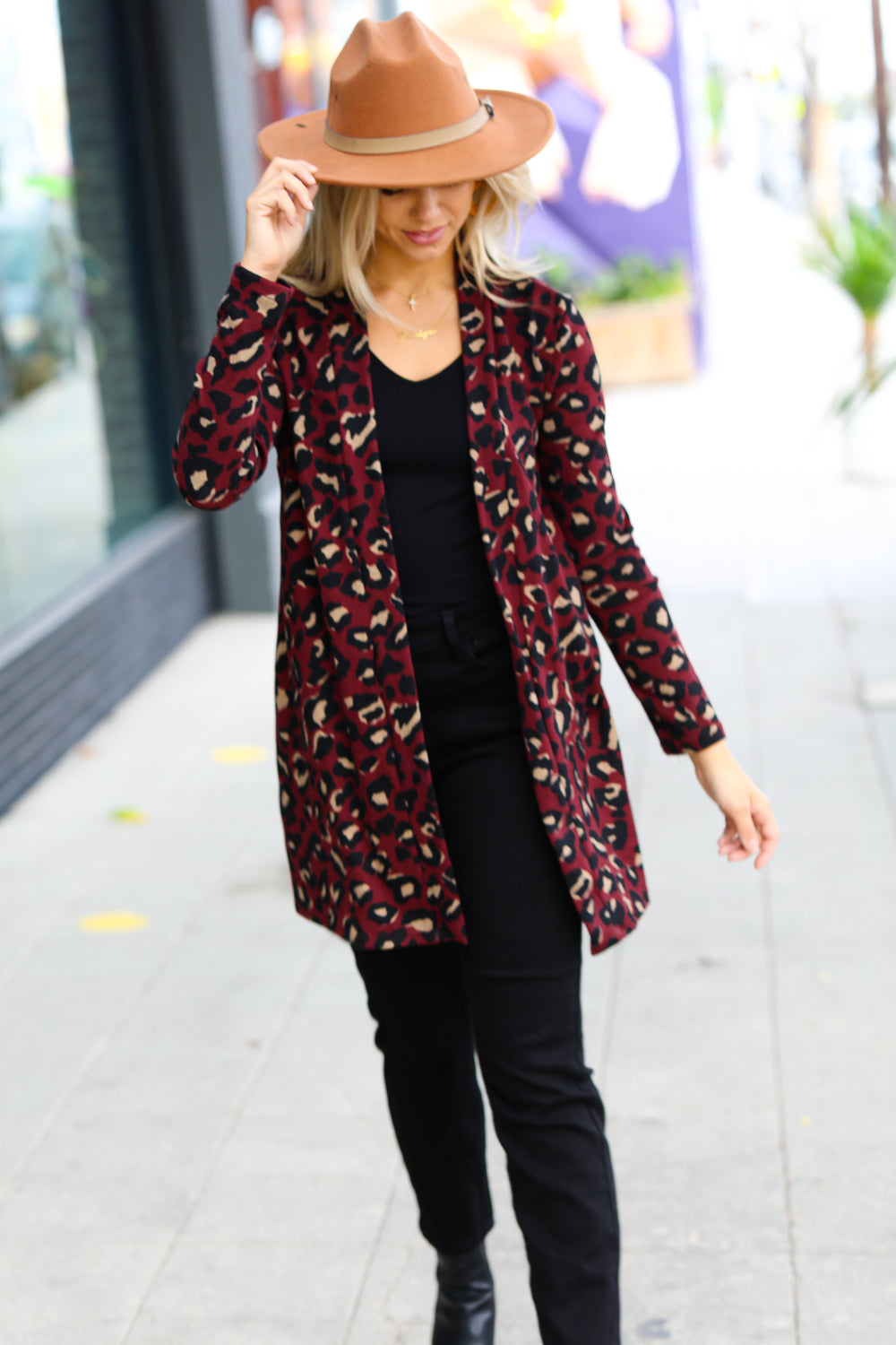 Weekend Envy Burgundy Animal Print Open Cardigan