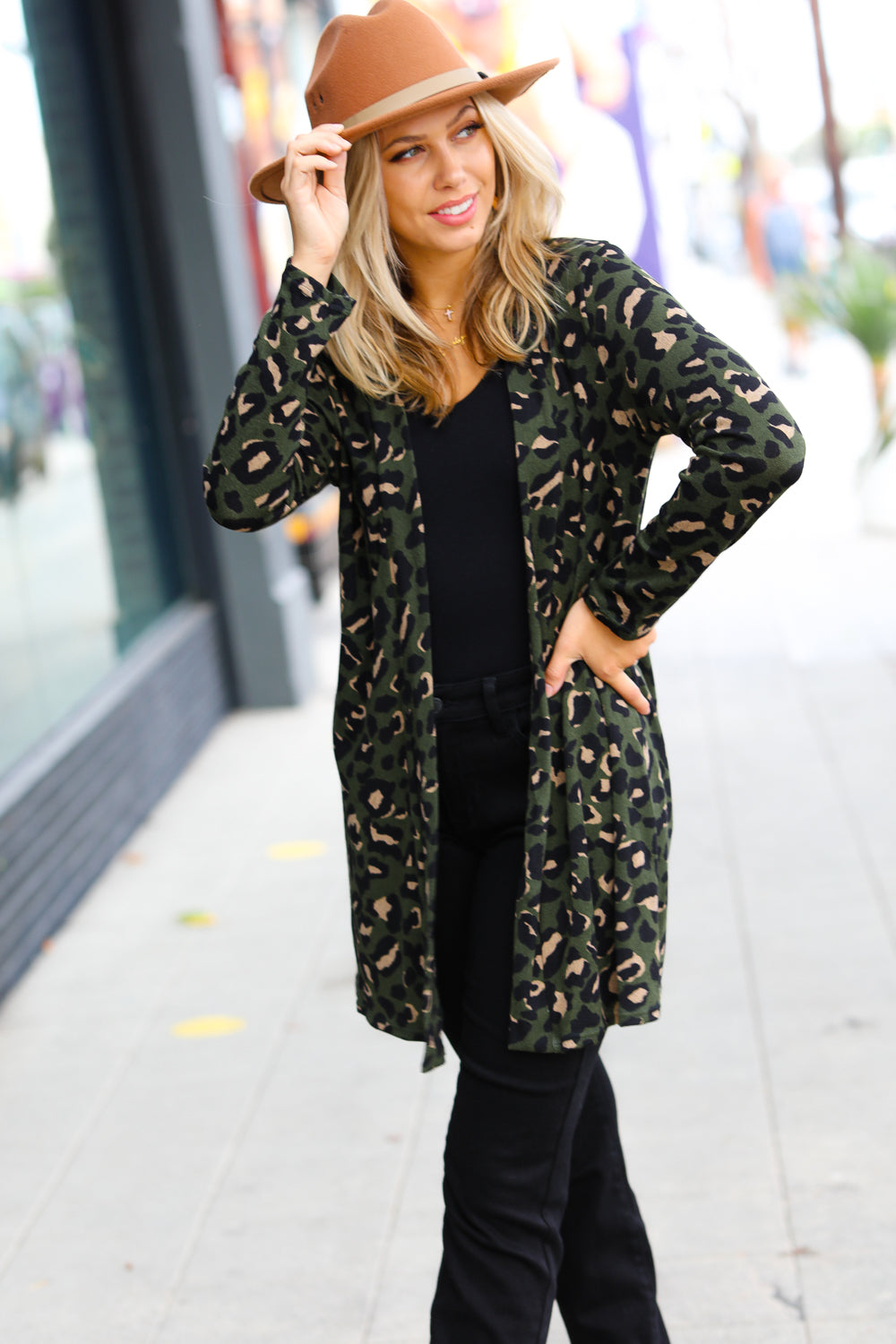 Weekend Envy Olive Animal Print Open Cardigan