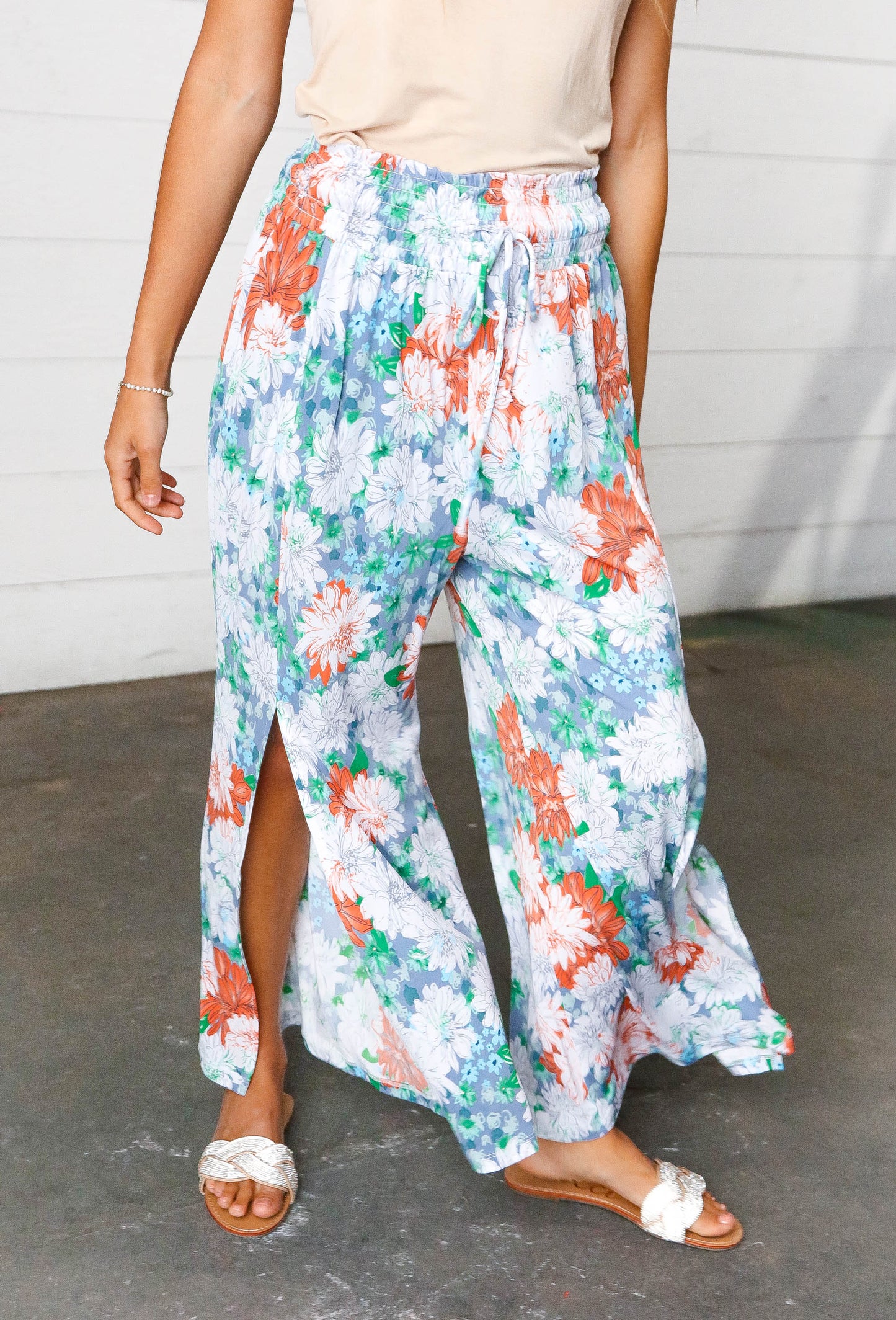 Grey Floral Smocked Waist Side Slit Palazzo Pants