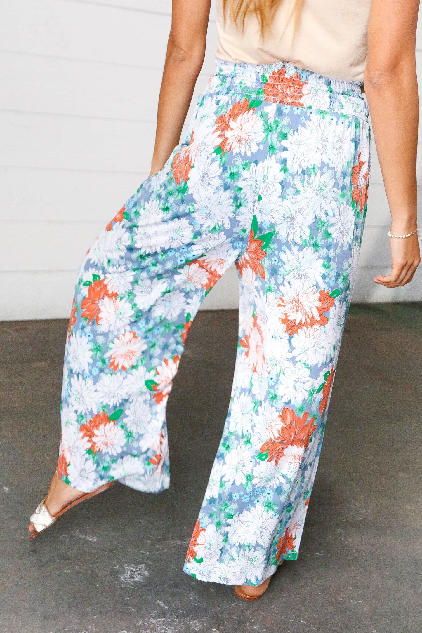 Grey Floral Smocked Waist Side Slit Palazzo Pants