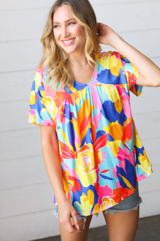 Orange & Yellow Geometric Floral V Neck Dolman Top