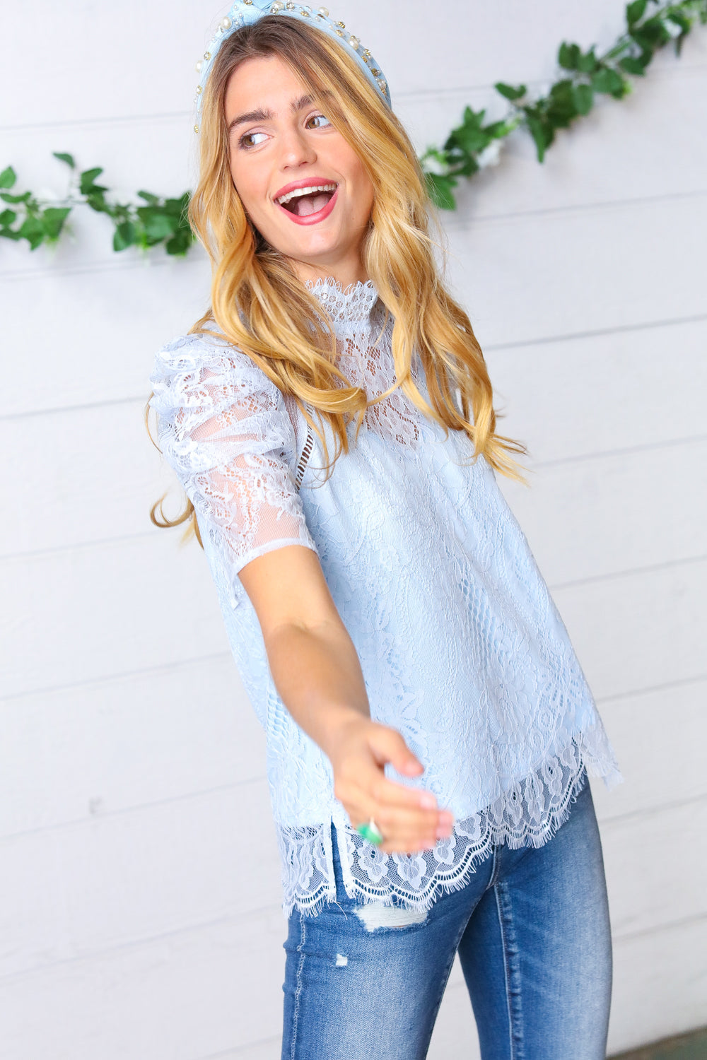 Light Blue Lace Mock Neck Keyhole Lined Top