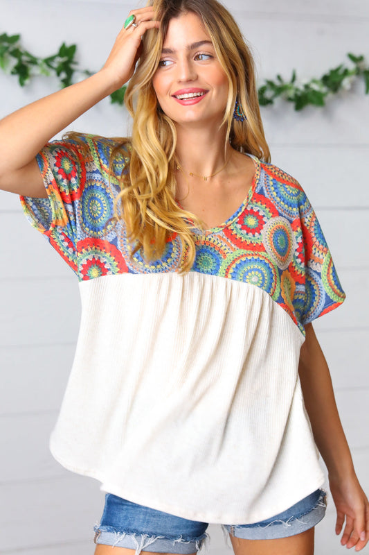 Kaleidoscope Print Babydoll Yoke Top