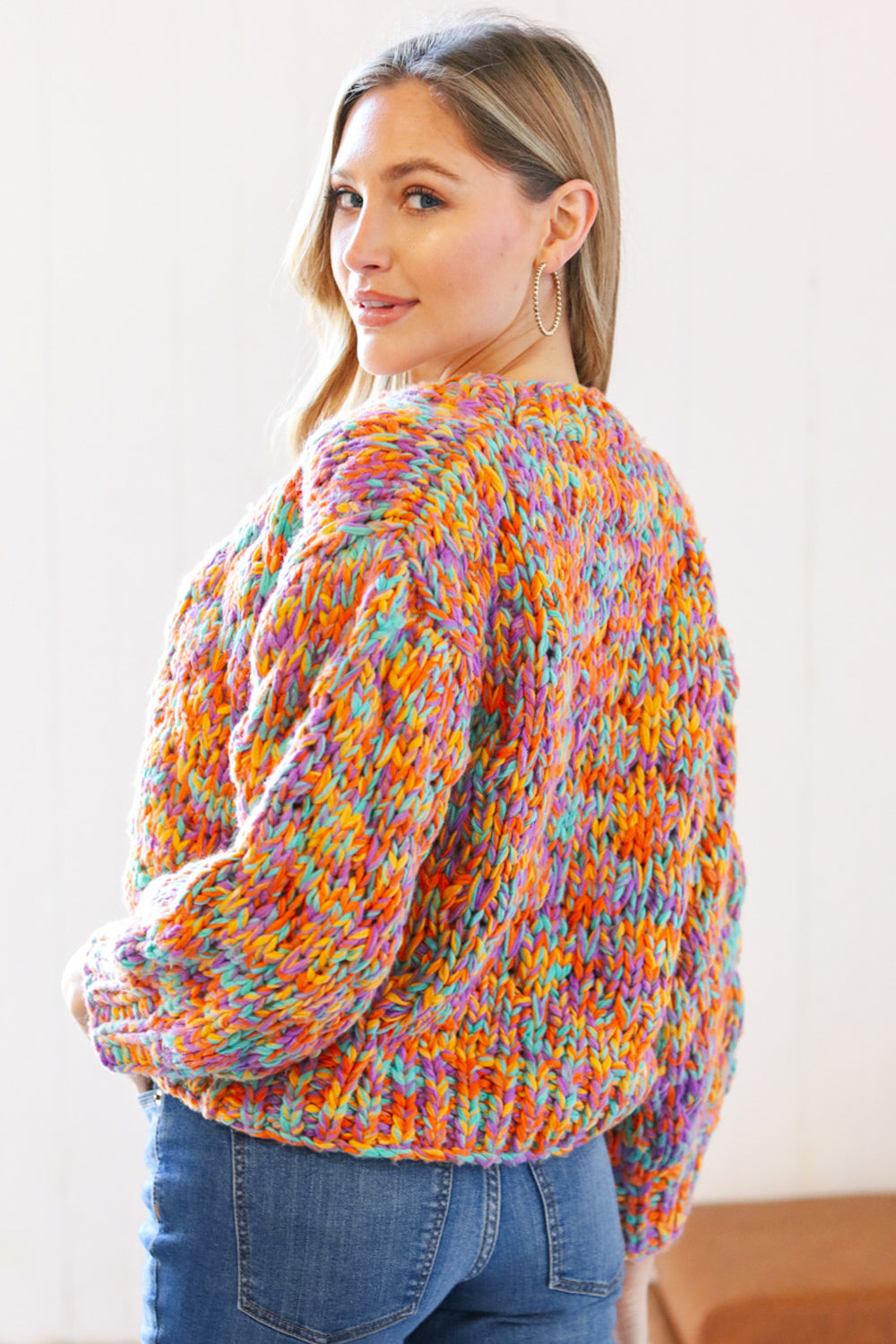 Multicolor Chunky Knit Cropped Open Cardigan