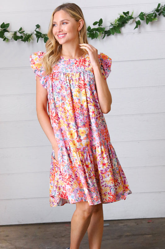 Lilac & Peach Floral Yoke Poplin Woven Dress