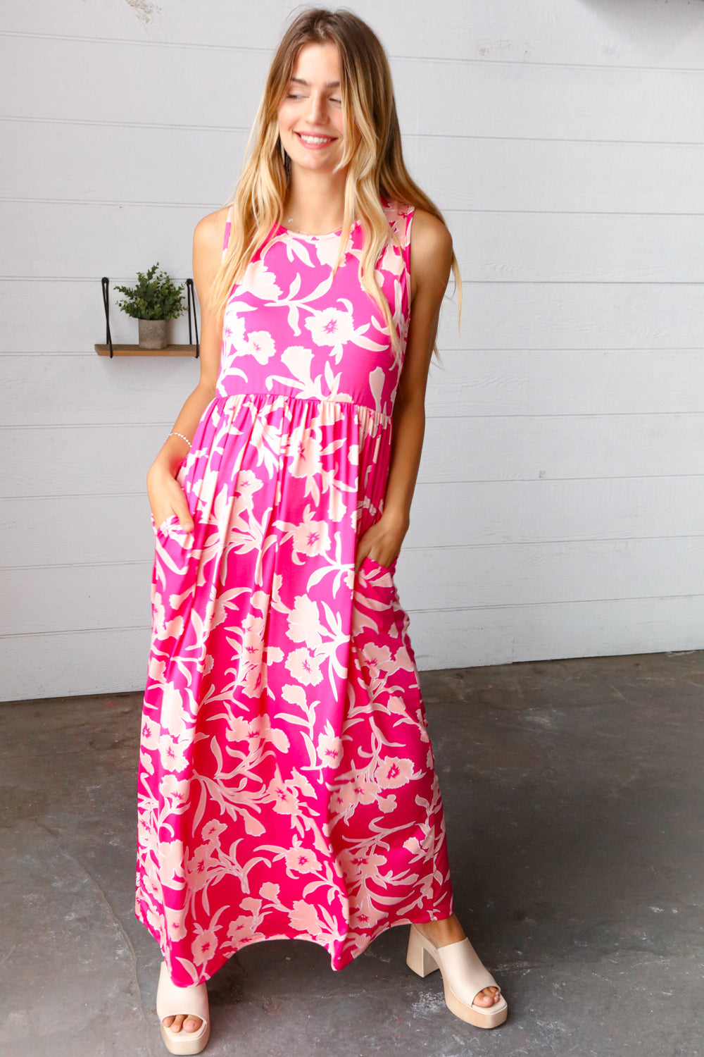 Pink Floral Print Fit and Flare Sleeveless Maxi Dress