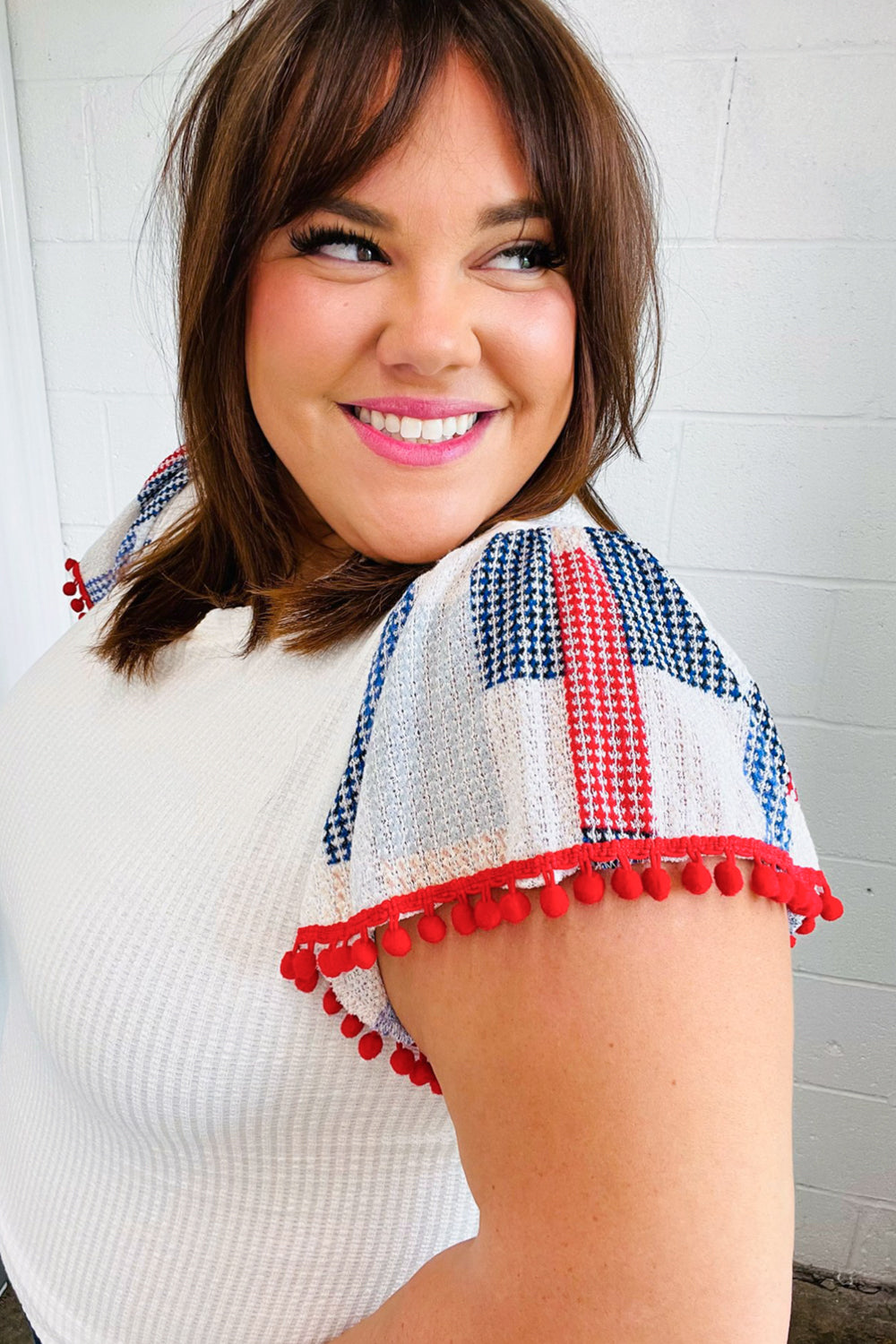 Patriotic Pom Pom Lace Flutter Sleeve Top