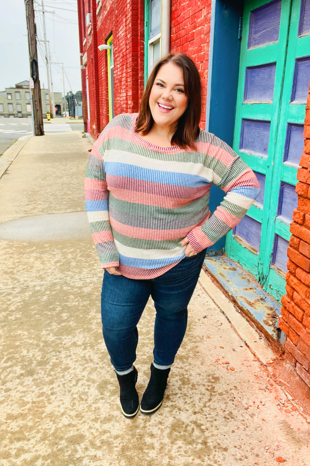 Feeling Bold Blue/Olive Textured Vintage Stripe Top