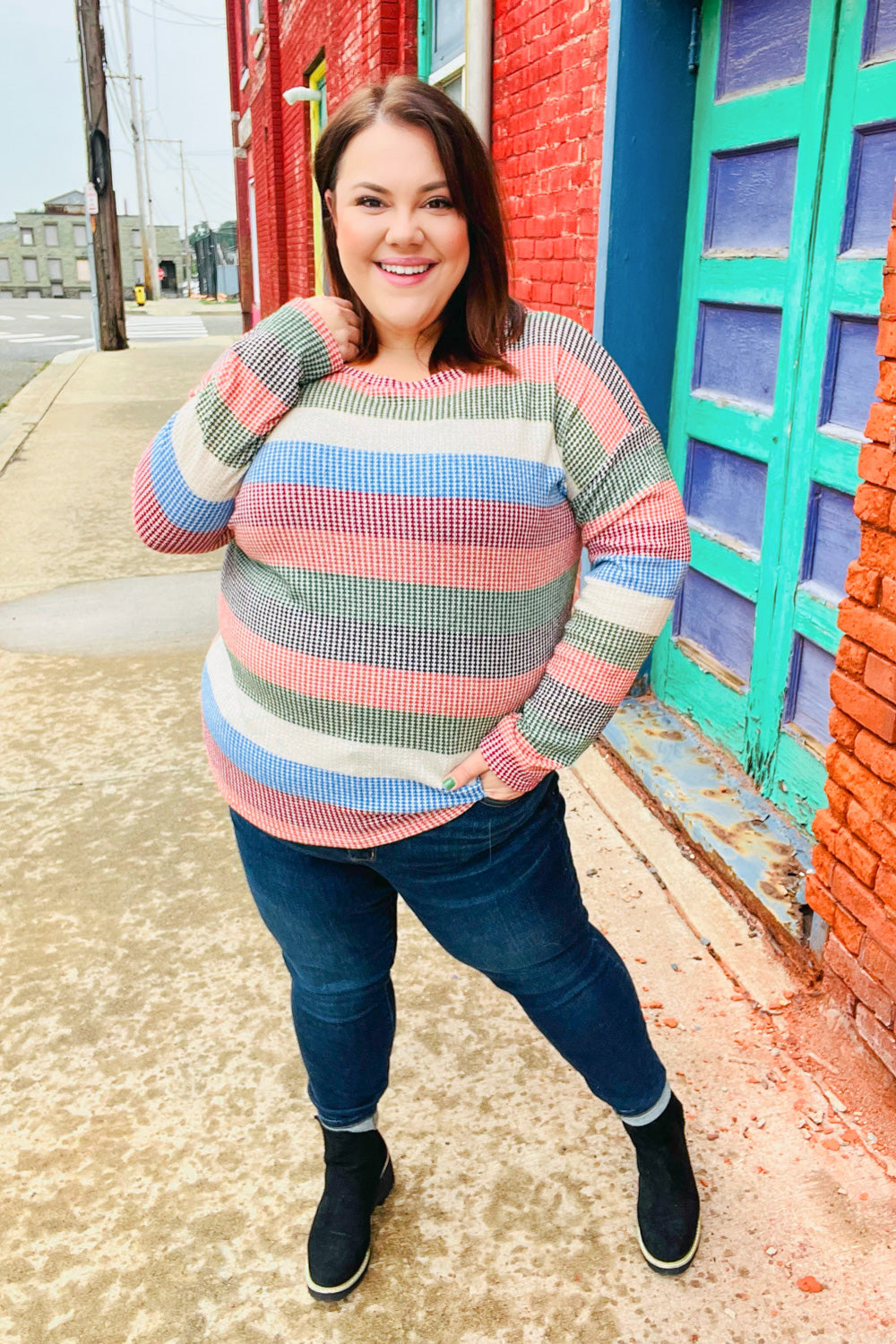 Feeling Bold Blue/Olive Textured Vintage Stripe Top