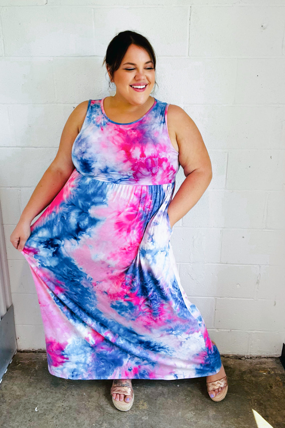 Pink & Blue Tie Dye Fit and Flare Sleeveless Maxi Dress