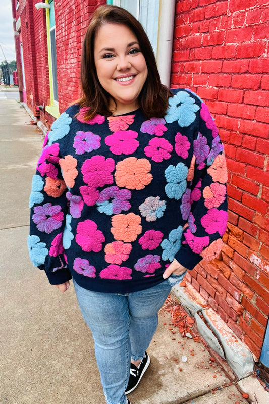 Feeling Joyful Navy & Fuchsia Embroidered Sherpa Flower Pullover