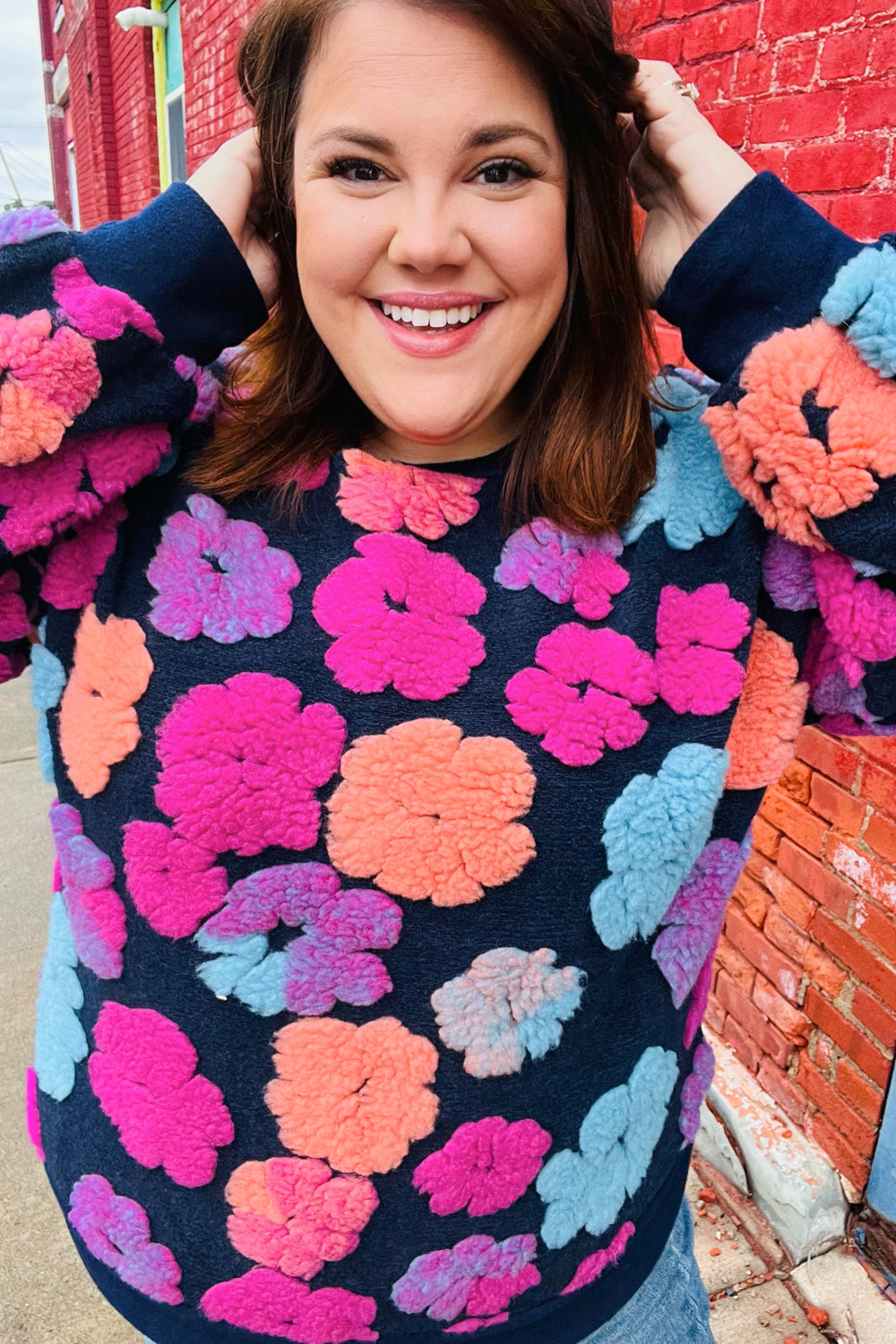 Feeling Joyful Navy & Fuchsia Embroidered Sherpa Flower Pullover