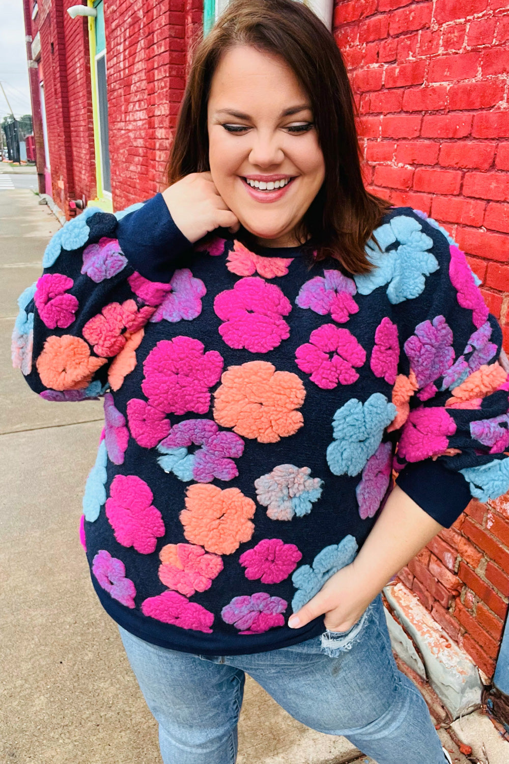 Feeling Joyful Navy & Fuchsia Embroidered Sherpa Flower Pullover