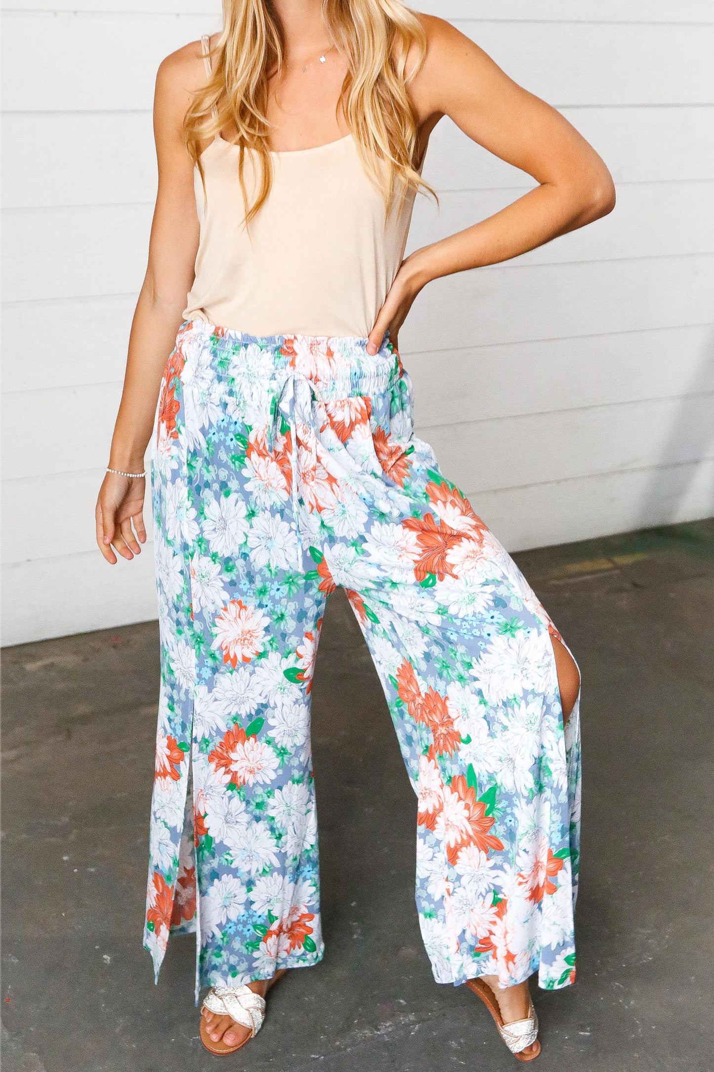 Grey Floral Smocked Waist Side Slit Palazzo Pants