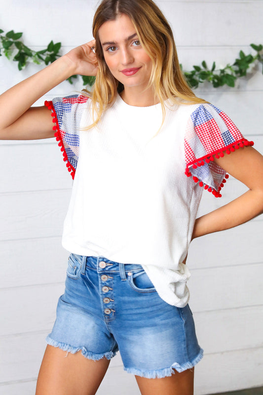 Patriotic Pom Pom Lace Flutter Sleeve Top